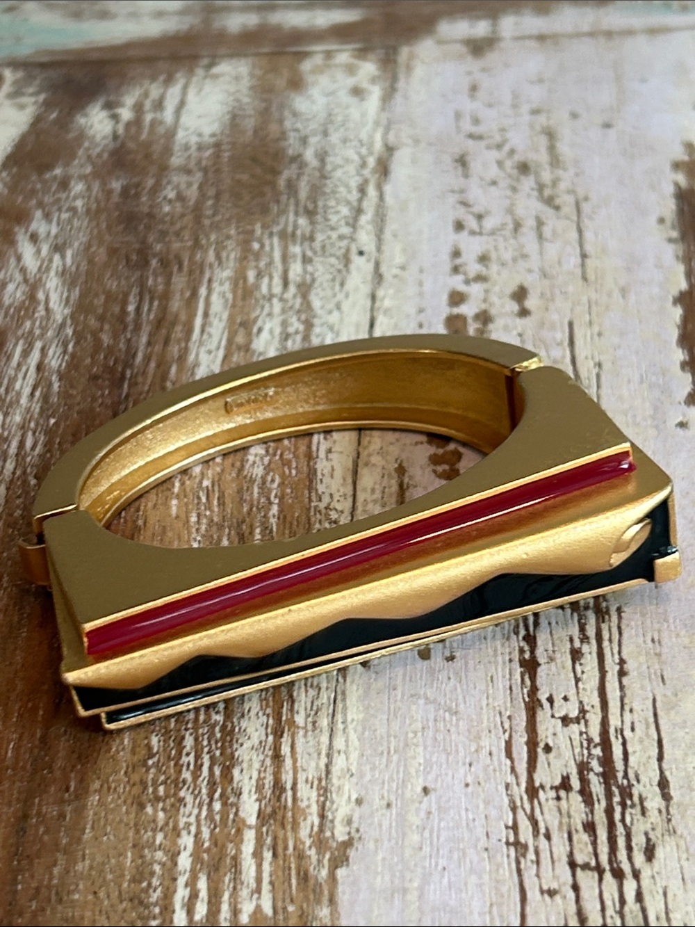 Rare Vintage Art Deco Monet Hinged Bangle Bracelet Gold w Red Black Enamel